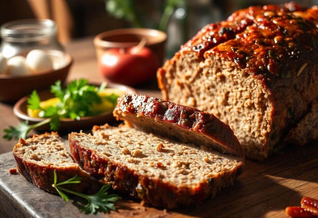 Sliced meatloaf with a moist, tender interior.