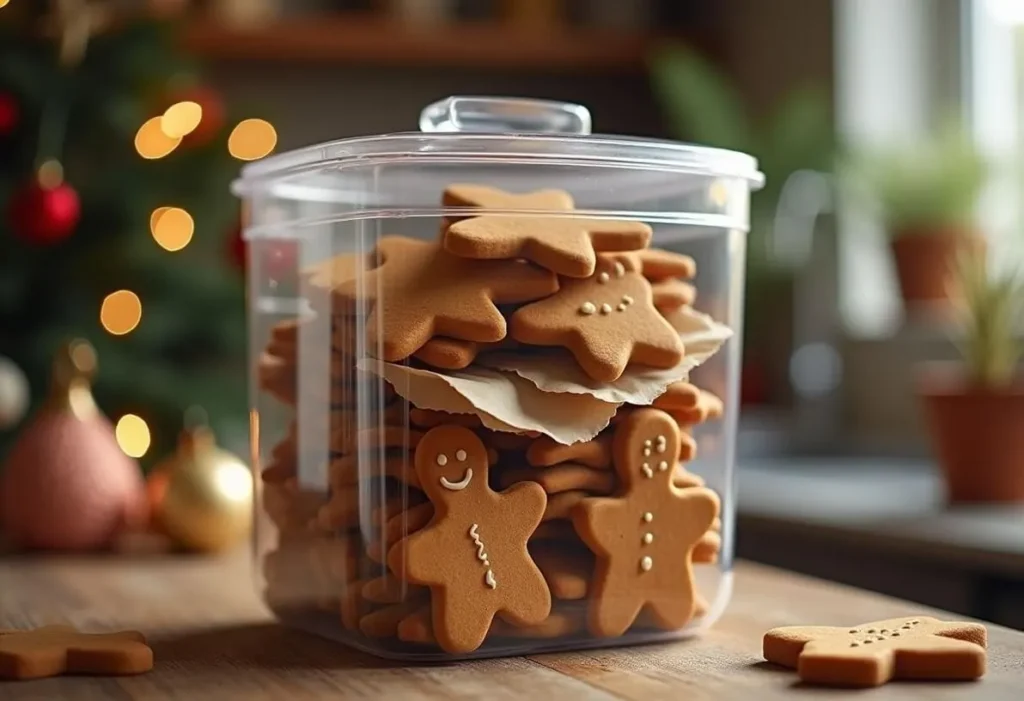 Gingerbread men stored in an airtight container with parchment paper.