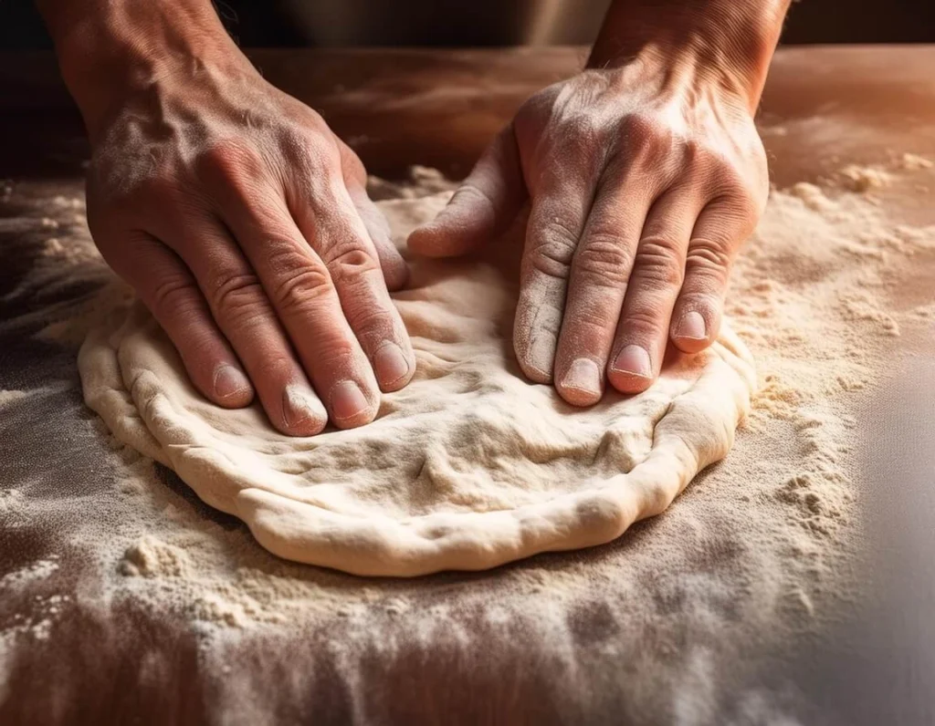 Hands stretching pizza dough to showcase gluten elasticity.