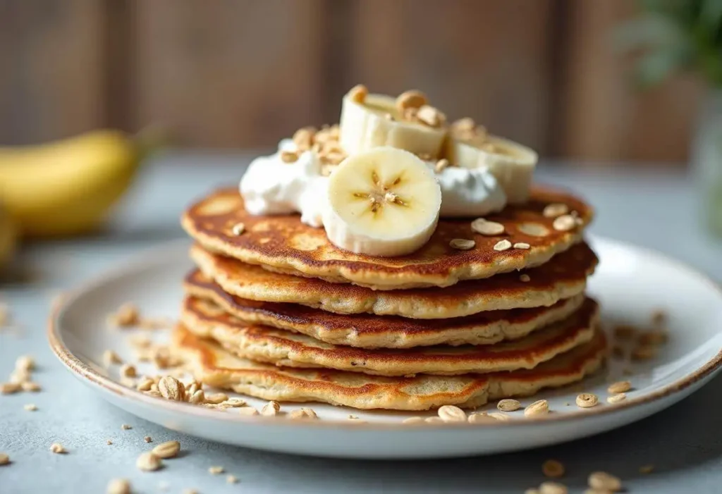 Healthy oat pancakes topped with chia seeds and banana.