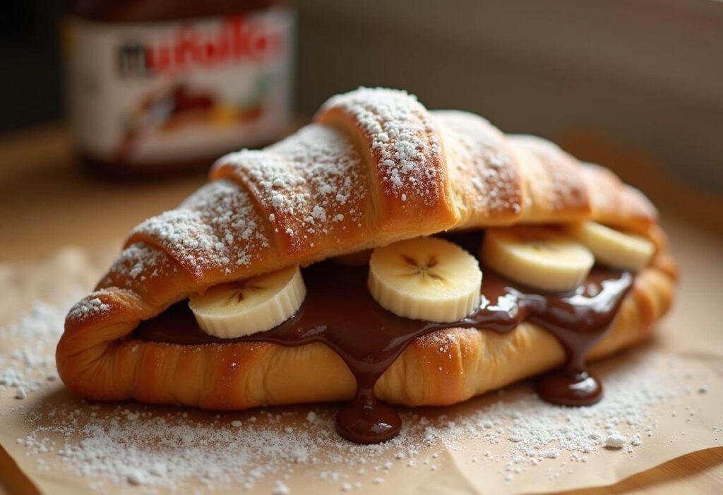 A croissant topped with Nutella and banana slices, dusted with powdered sugar