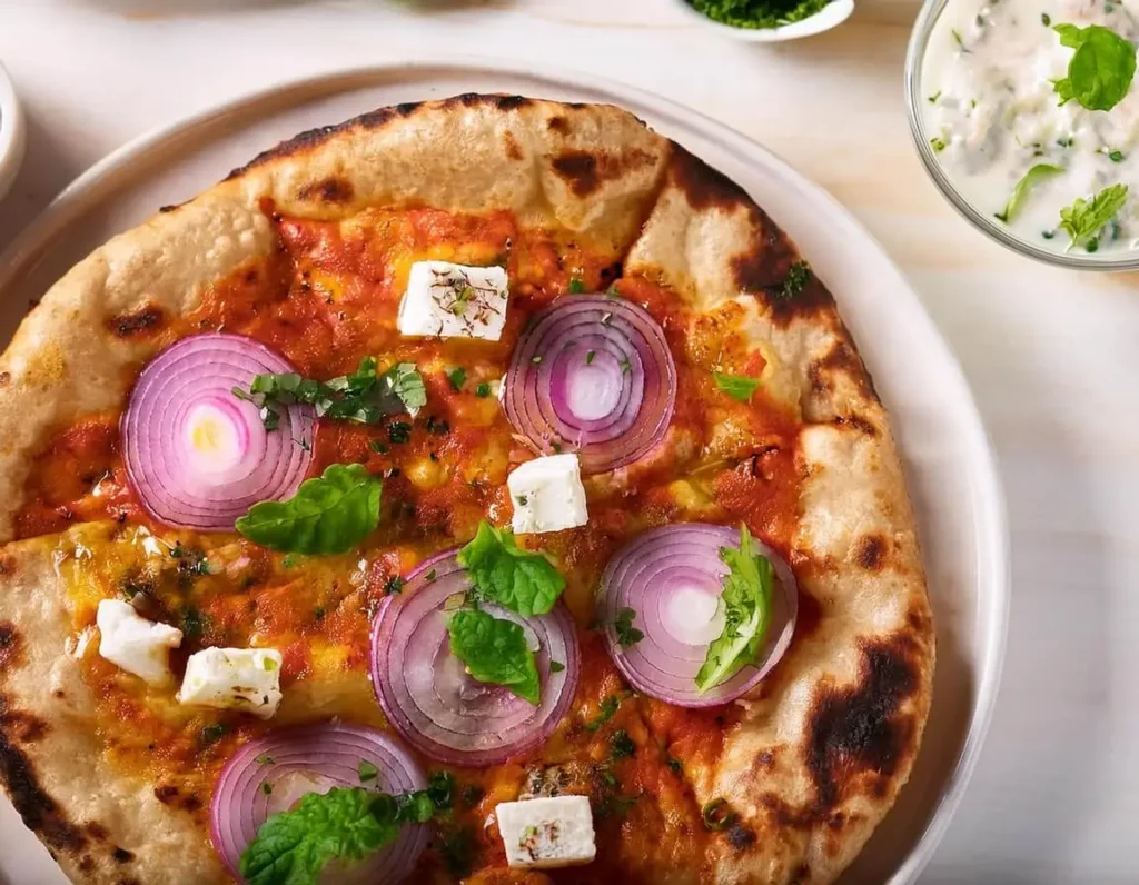 Tandoori naan pizza with paneer and fresh cilantro.