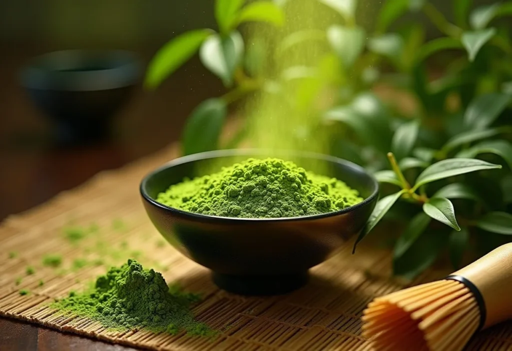 Traditional matcha tea setup with a whisk and green tea leaves.