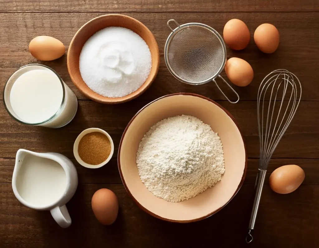 Ingredients for making traditional pancakes, including flour, eggs, and milk.