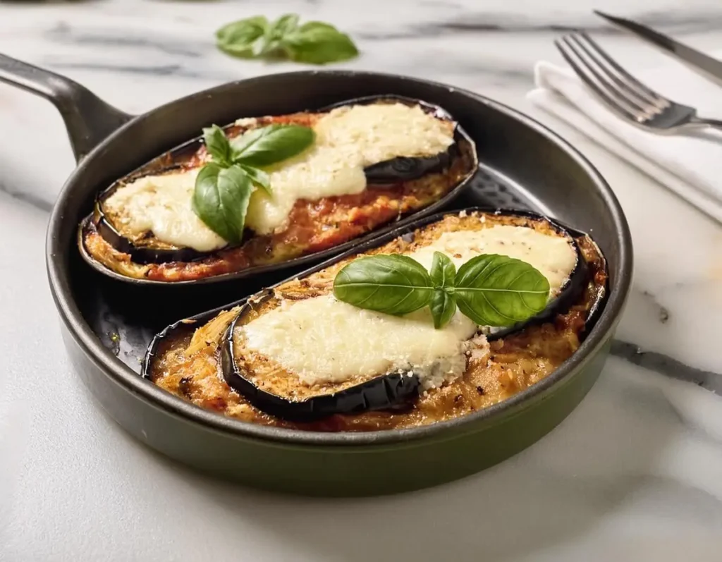 Comparison of traditional and vegan eggplant parmesan side by side.