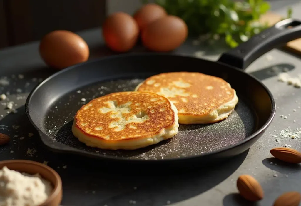 Low-calorie two-ingredient pancakes cooking on a non-stick skillet.