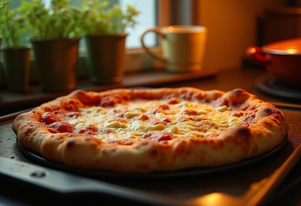 Partially cooked chicken pizza crust in an oven tray.