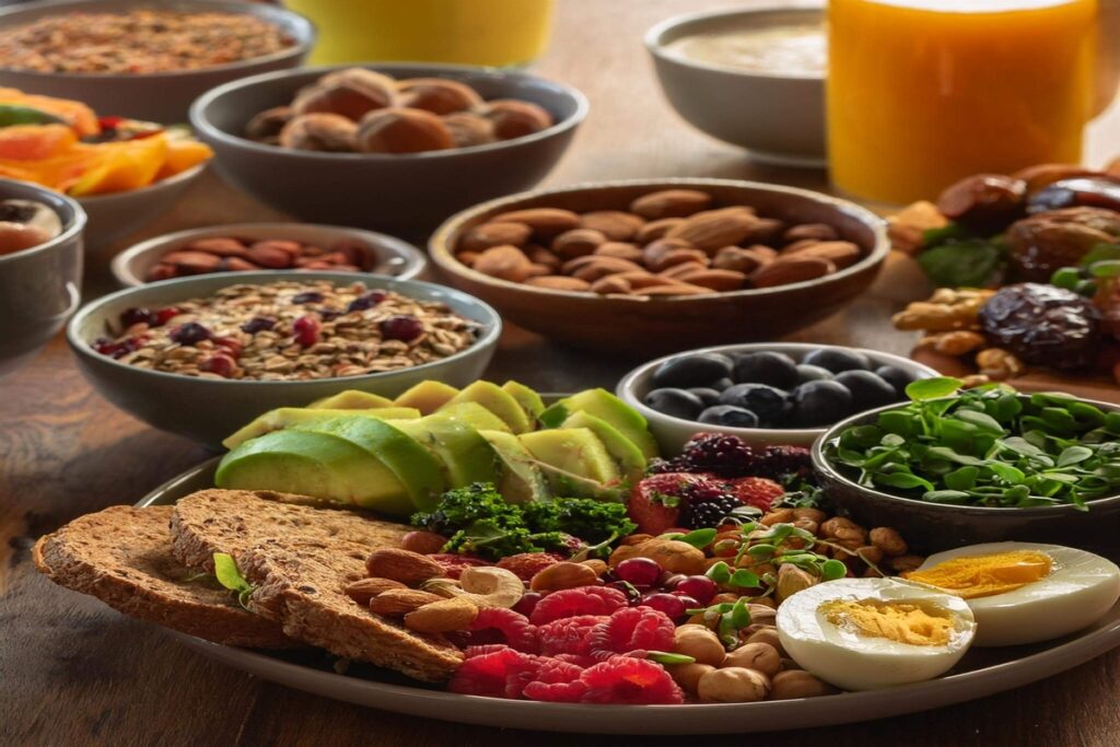 A colorful vegan breakfast spread featuring pancakes, chia pudding, smoothie bowls, and avocado toast, showcasing vegan breakfast recipe ideas.