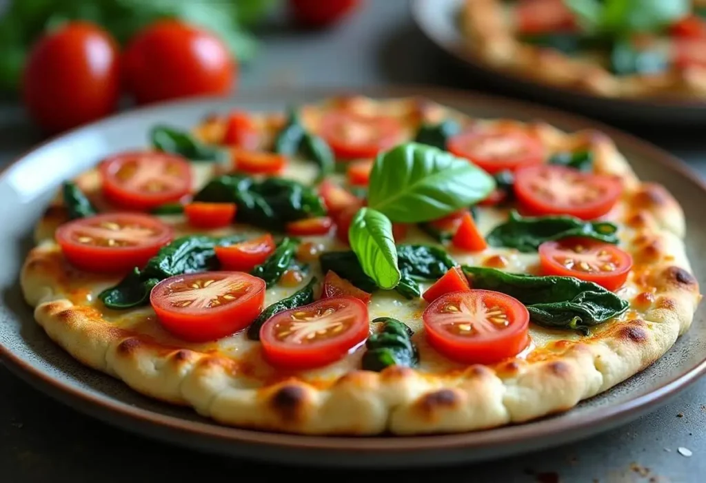 Vegan cauliflower pizza crust topped with fresh vegetables