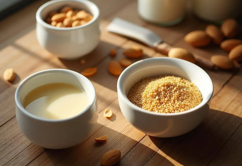 Bowls of aquafaba, flaxseed gel, and plant-based milk as vegan egg substitutes.