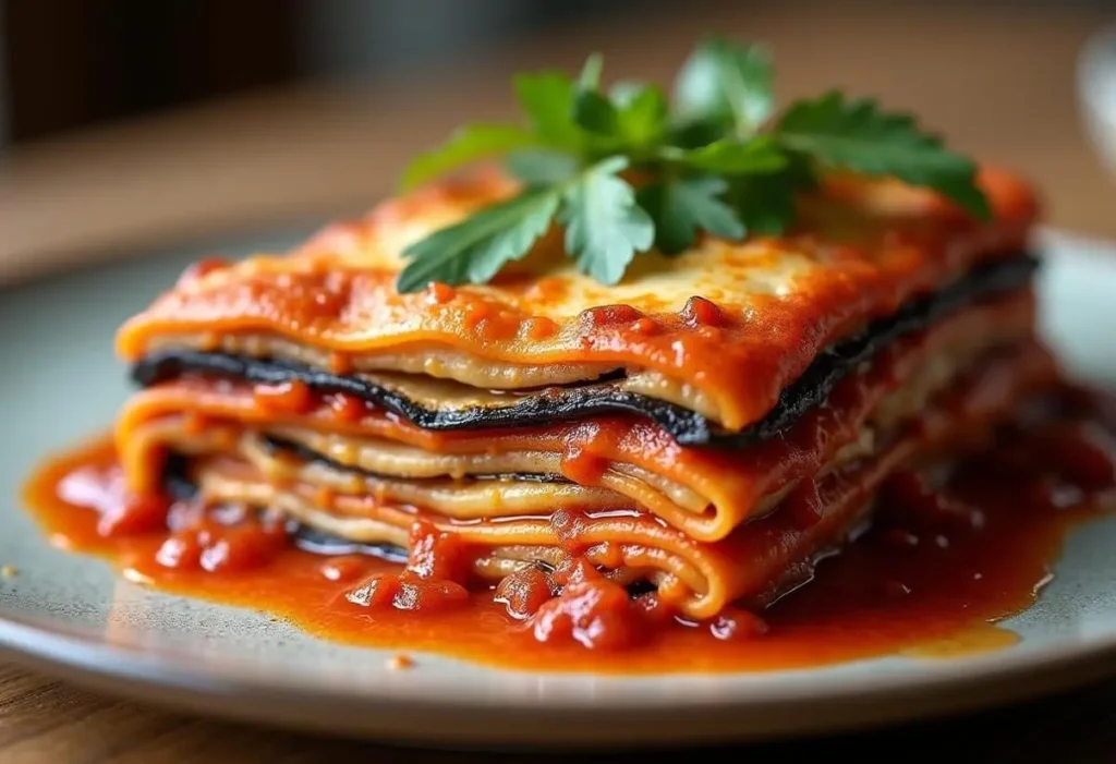 Vegan eggplant lasagna with plant-based ricotta and marinara.