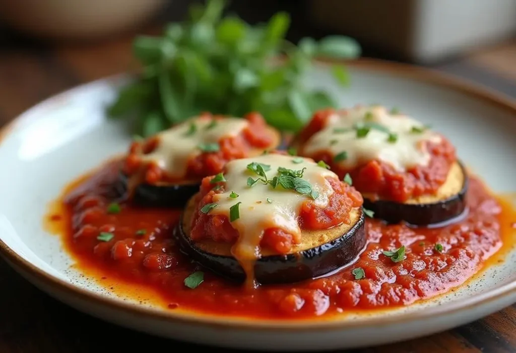 Vegan eggplant parmesan with marinara and plant-based cheese.