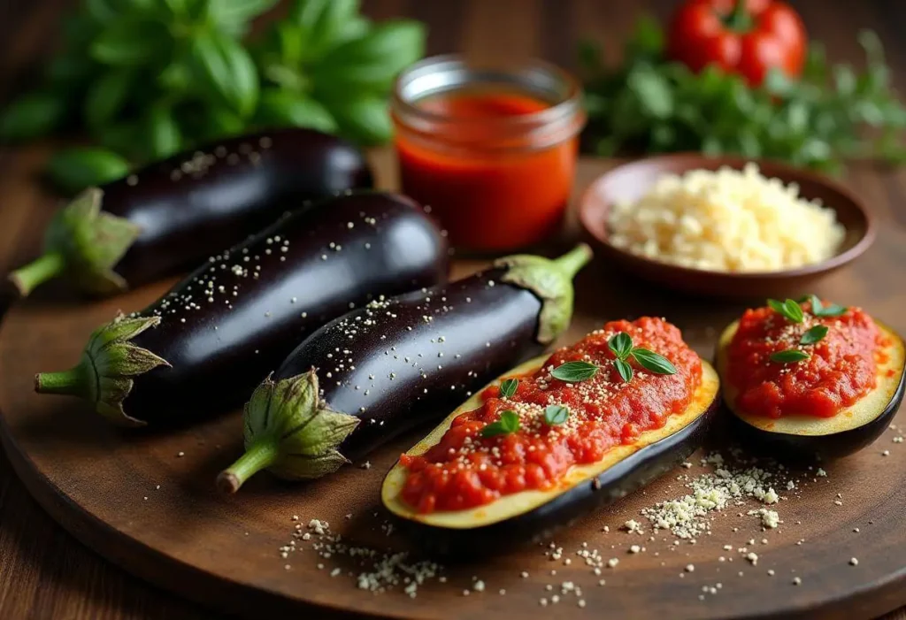 Ingredients for a vegan eggplant parmesan recipe.