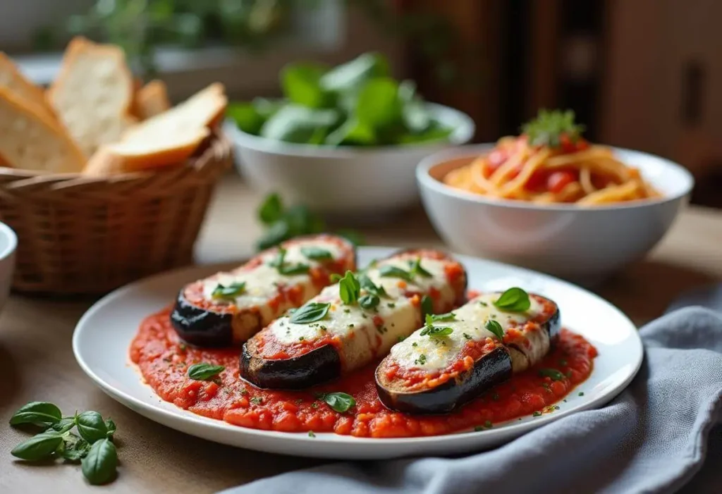 Vegan eggplant parmesan served with garlic bread, salad, and pasta.