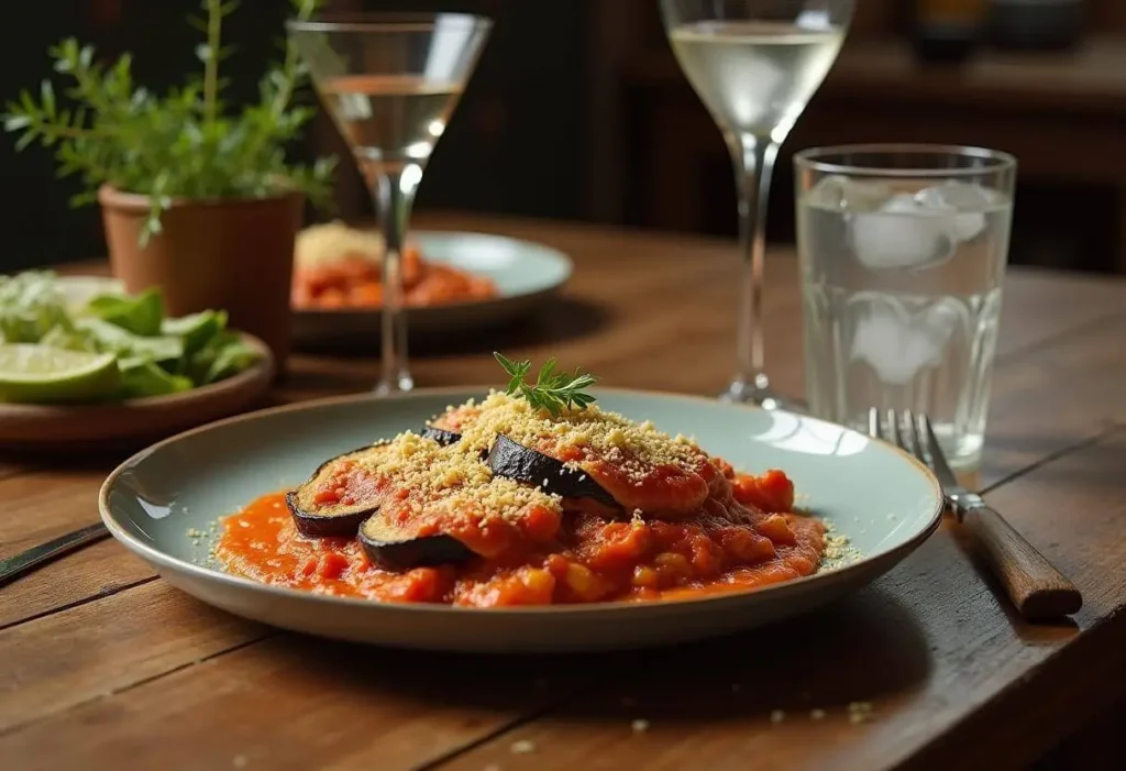 A table setting featuring vegan eggplant parmesan with fresh basil and a glass of wine.