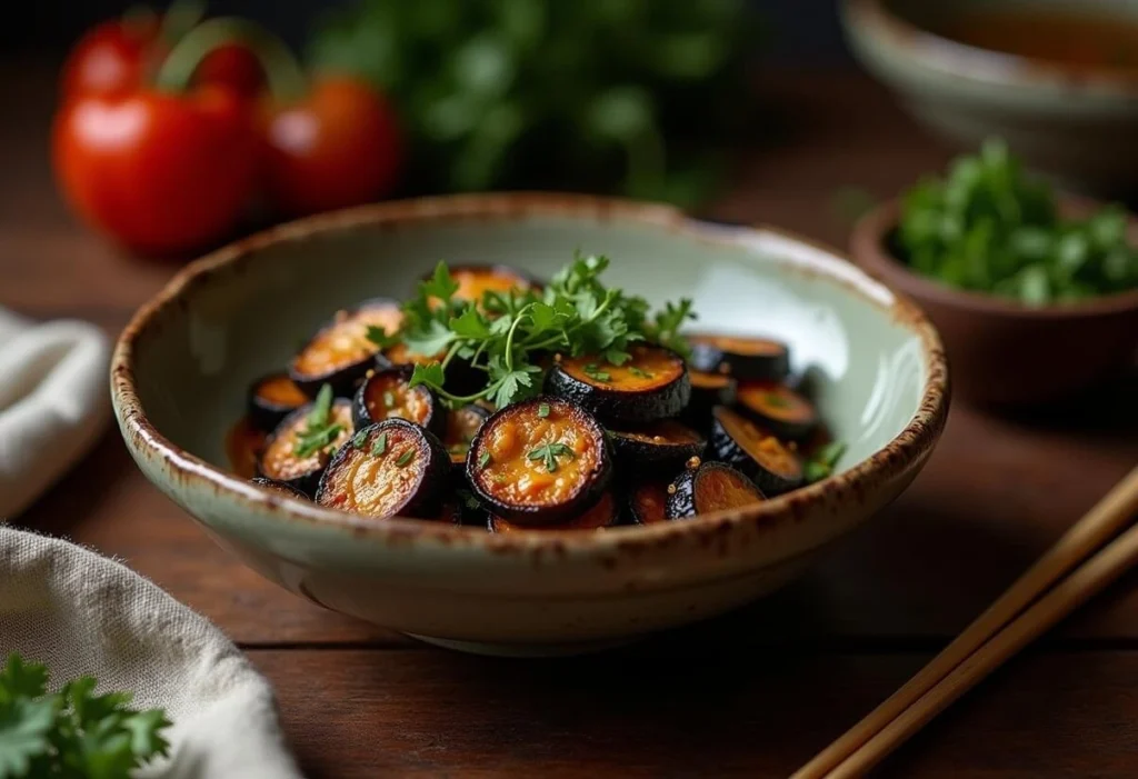 Stir-fried eggplant served in a rustic kitchen setting.