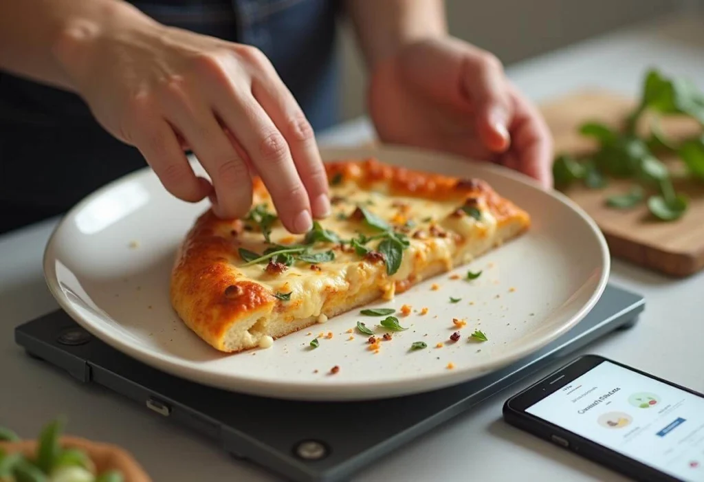 Measuring a slice of cauliflower crust pizza for calorie tracking.