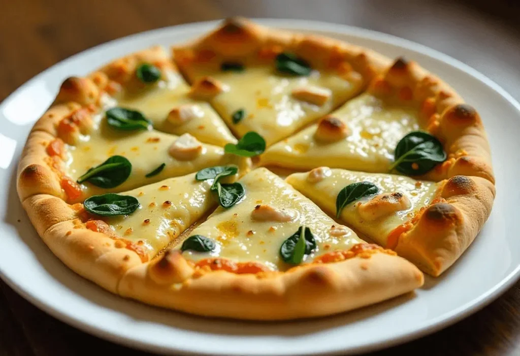 Almond flour pizza topped with chicken, spinach, and mozzarella, served on a plate.