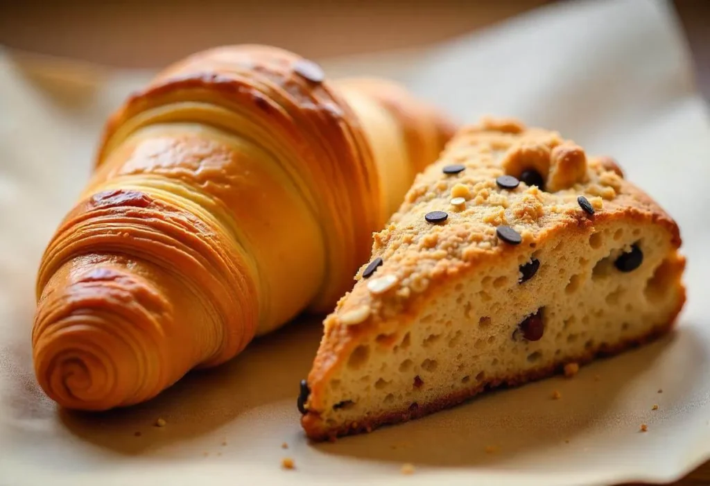 A buttery croissant beside a whole-grain scone.