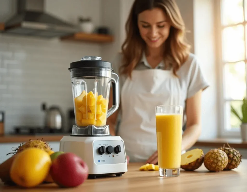 A blender mixing mango and pineapple chunks into a creamy smoothie.