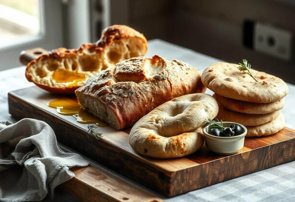 Focaccia, ciabatta, and pita bread displayed on a rustic wooden board.