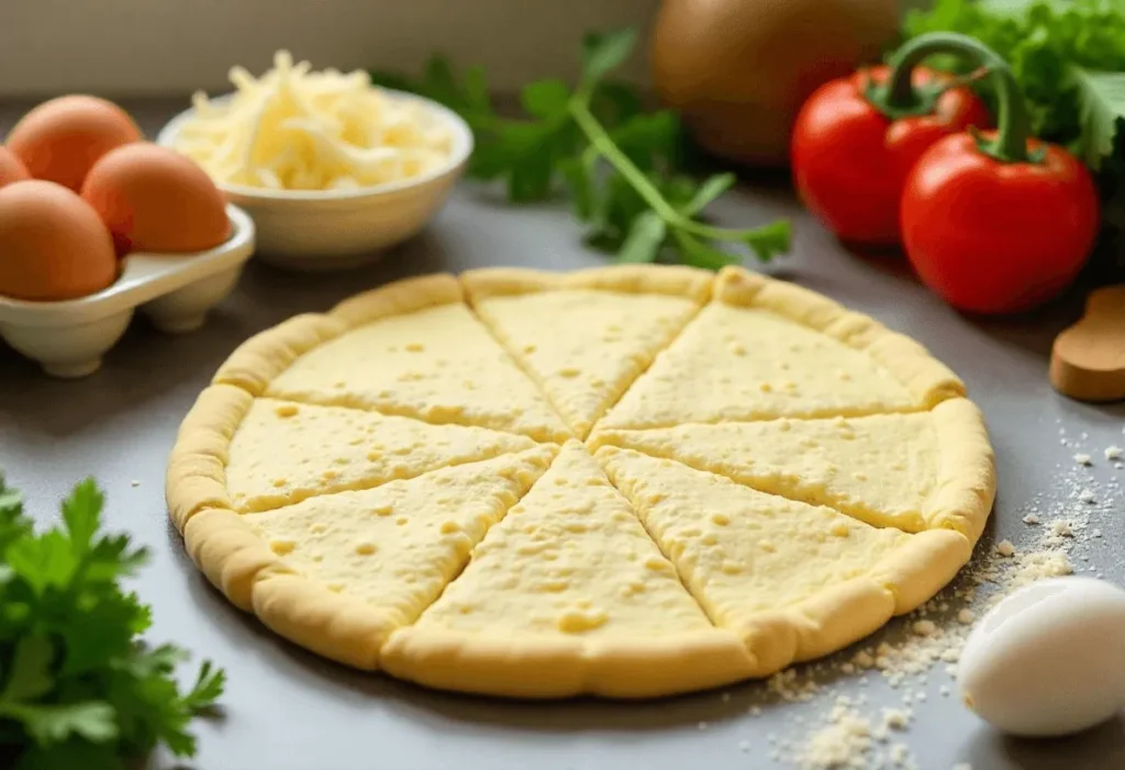 Ingredients for cauliflower crust pizza, including riced cauliflower, eggs, cheese, and almond flour.