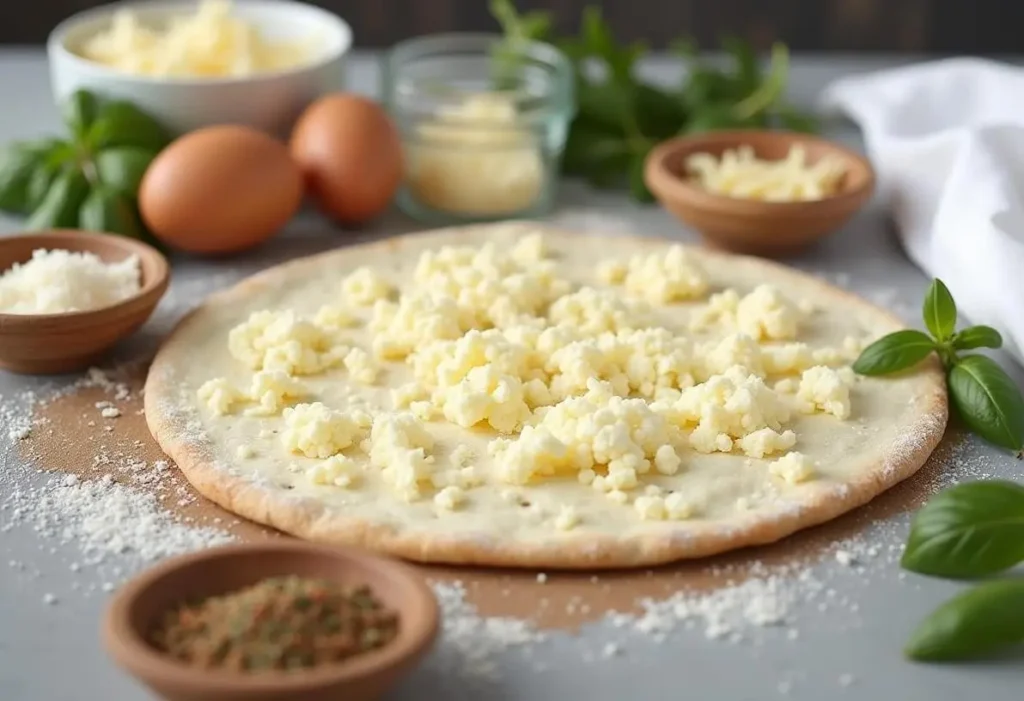 Ingredients for making cauliflower pizza crust on a kitchen counter.