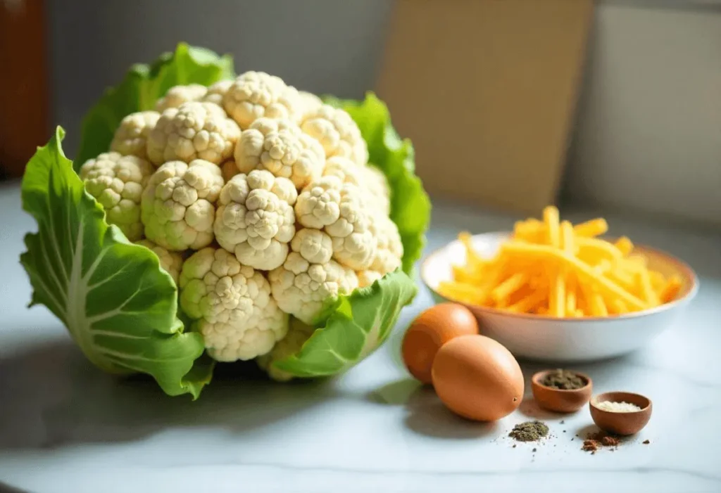 Ingredients for homemade cauliflower pizza crust on a kitchen counter.