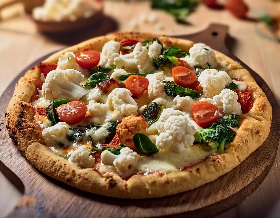 A freshly baked cauliflower crust pizza with mozzarella, tomatoes, and spinach in a rustic kitchen setting