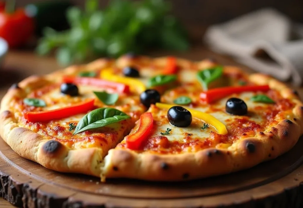 A vibrant pizza with fresh vegetables on a rustic table.