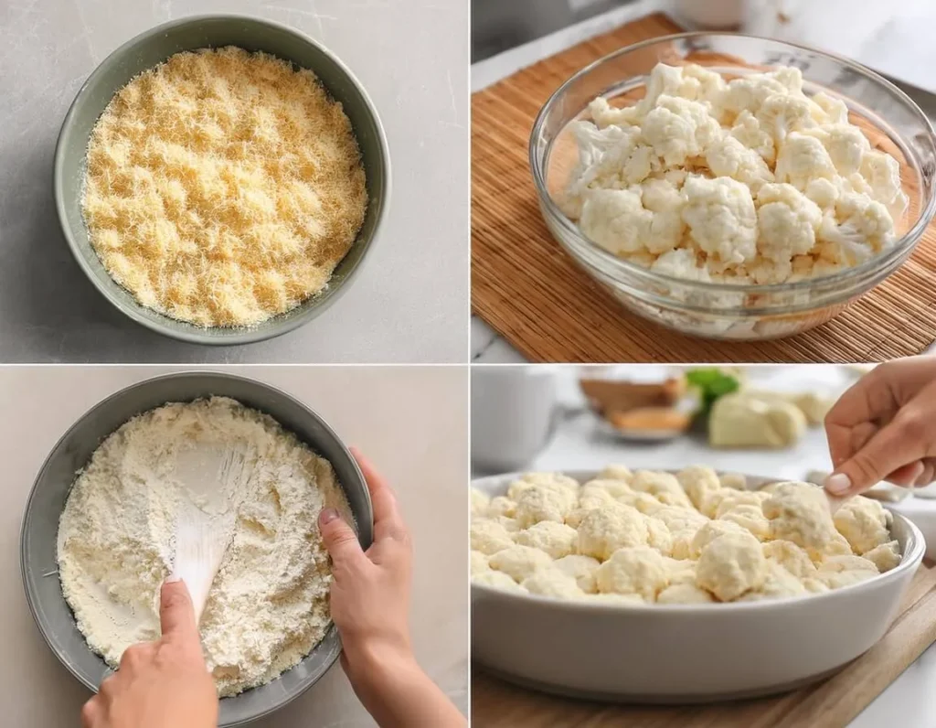 Step-by-step visuals of making a cauliflower pizza crust.