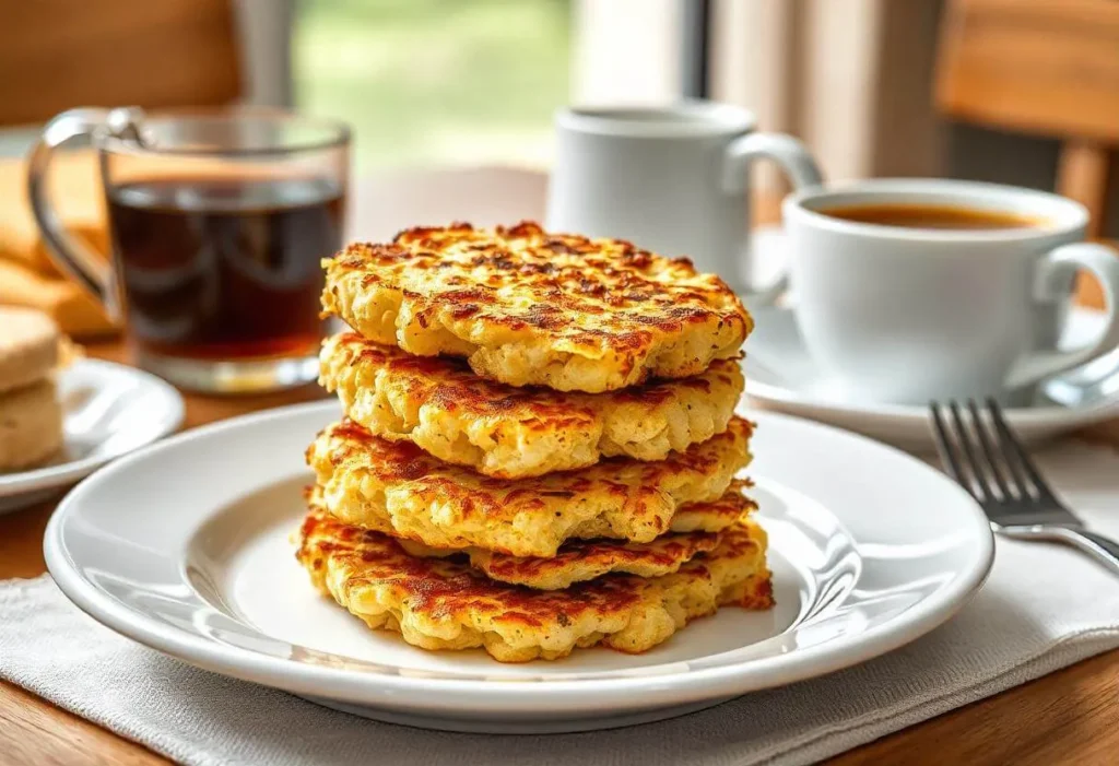 Golden cauliflower hash browns on a plate with parsley garnish.