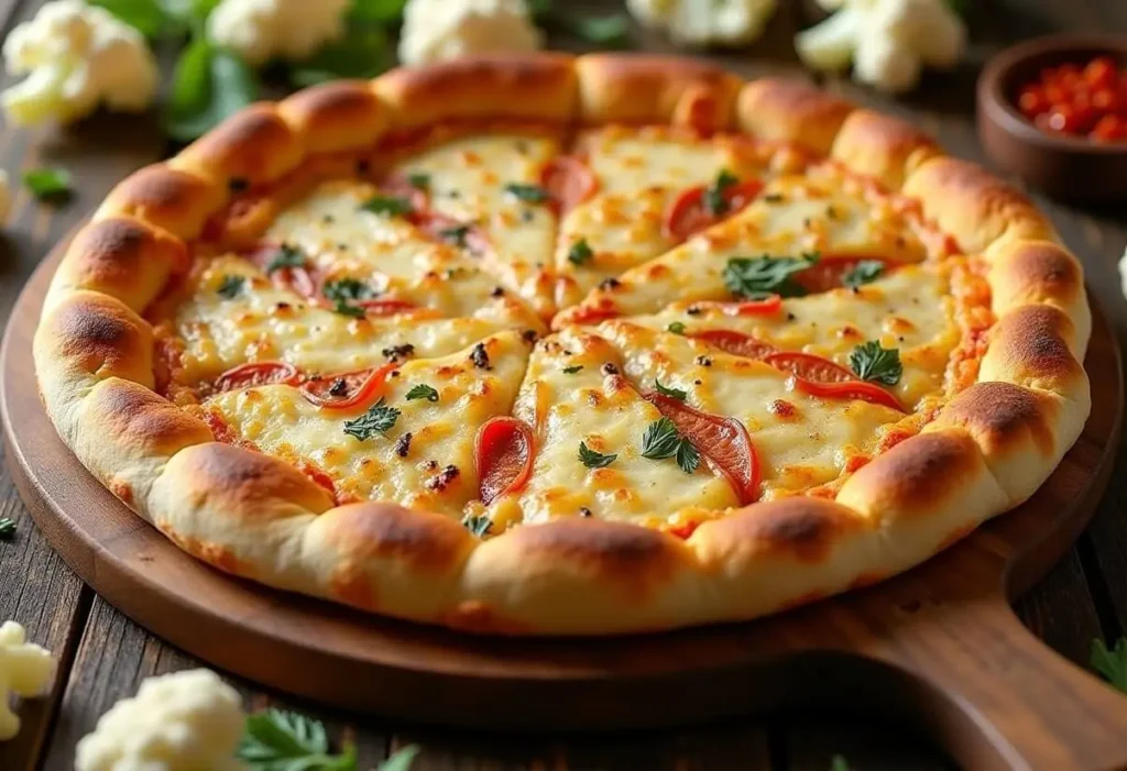 Freshly baked 10-inch cauliflower pizza crust on a wooden board.