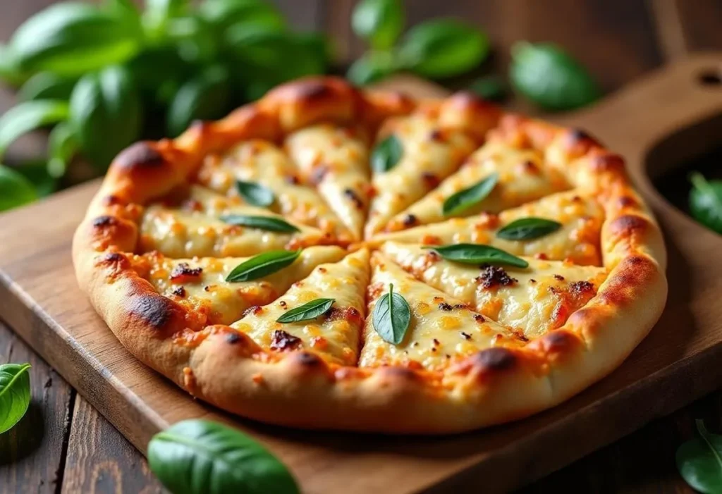 Freshly baked golden cauliflower pizza crust on a wooden cutting board.