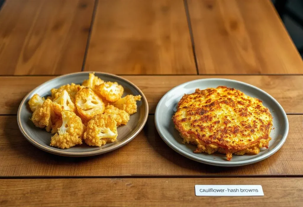 Plates of crispy hash browns and potato hash browns displayed side by side for comparison.