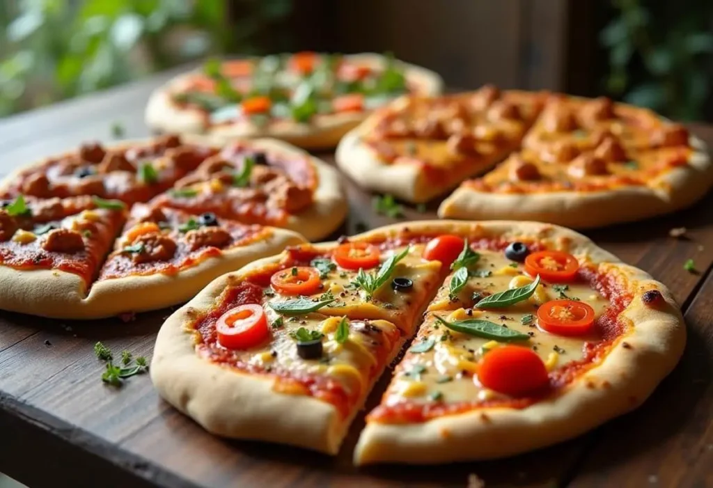 A variety of naan pizzas with different creative toppings.