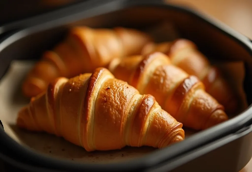 Golden croissant freshly toasted in an air fryer basket.