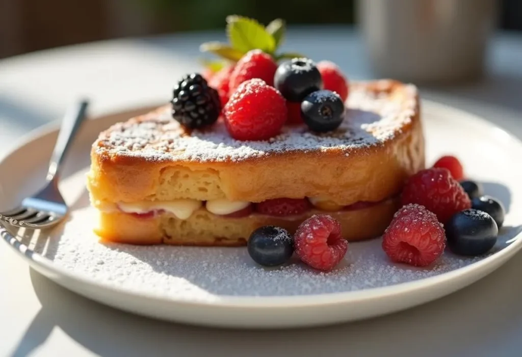 Croissant French toast bake topped with powdered sugar and fresh berries.