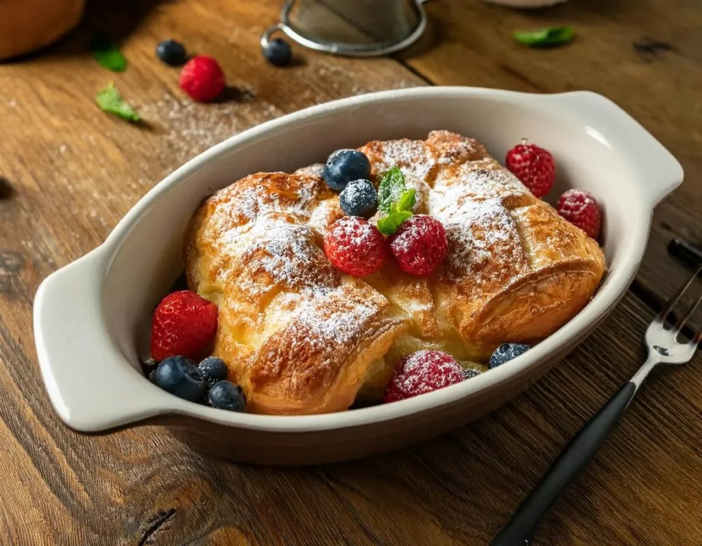 Freshly baked croissant French toast bake with berries and powdered sugar.