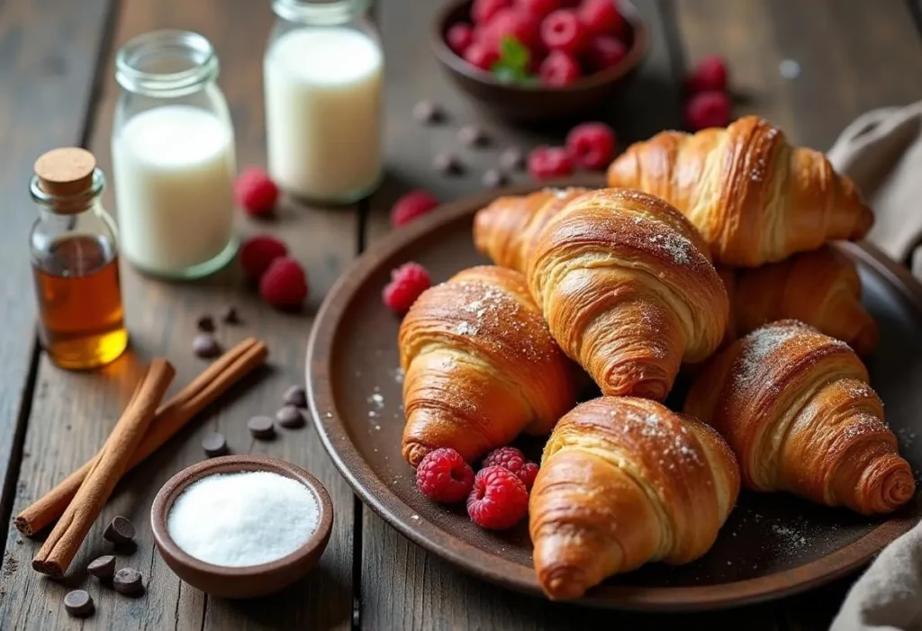 Flat-lay of ingredients for croissant French toast bake including croissants, eggs, and milk.