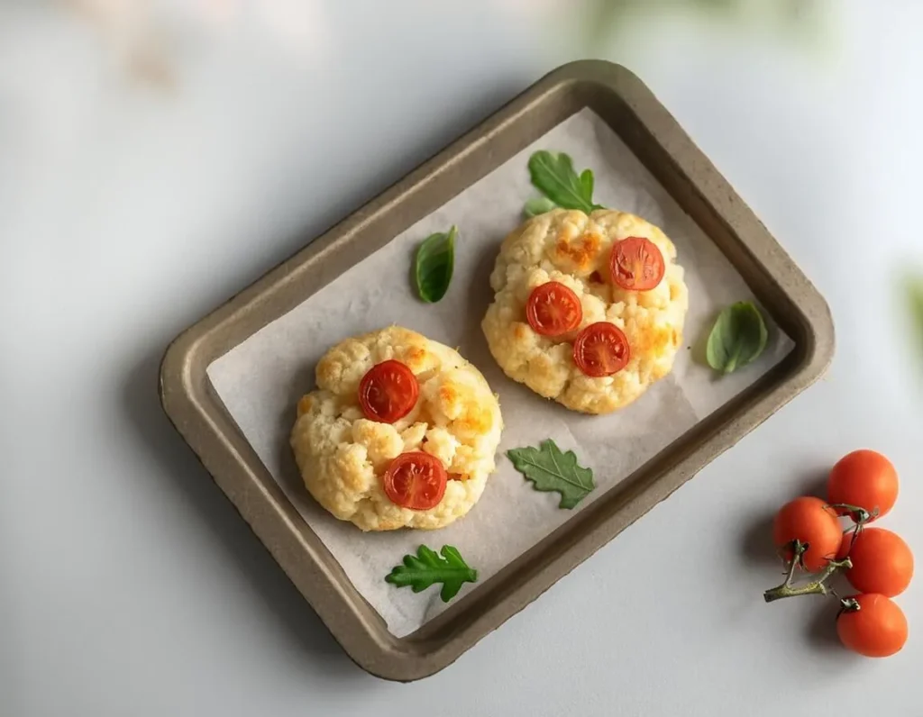 Small cauliflower pizza crusts with basil and cherry tomatoes.