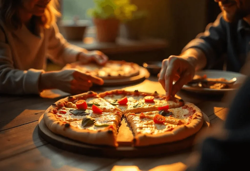 Family enjoying homemade cauliflower crust pizza at dinner table.