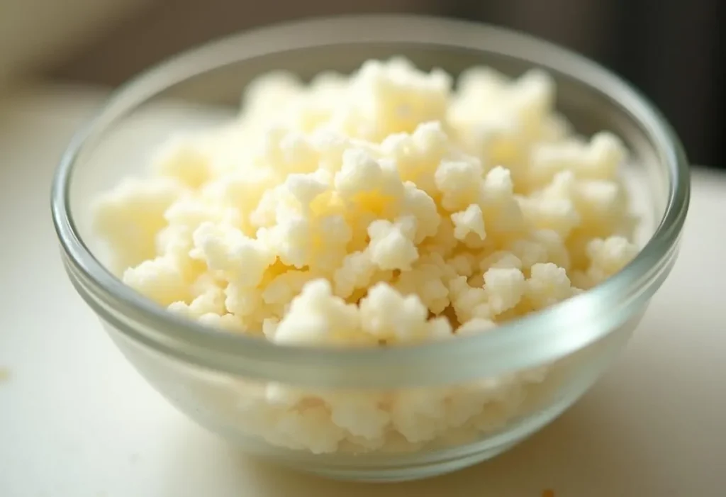 Riced cauliflower in a bowl with visible moisture droplets.