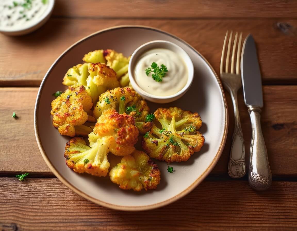 Crispy cauliflower hash browns garnished with parsley on a rustic table.