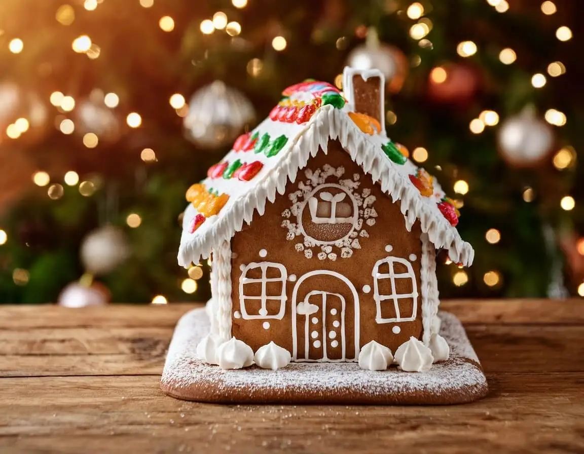 A beautifully decorated gingerbread house with colorful candies and festive holiday lights.