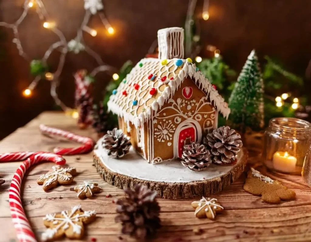 Beautifully decorated gingerbread house surrounded by holiday treats.