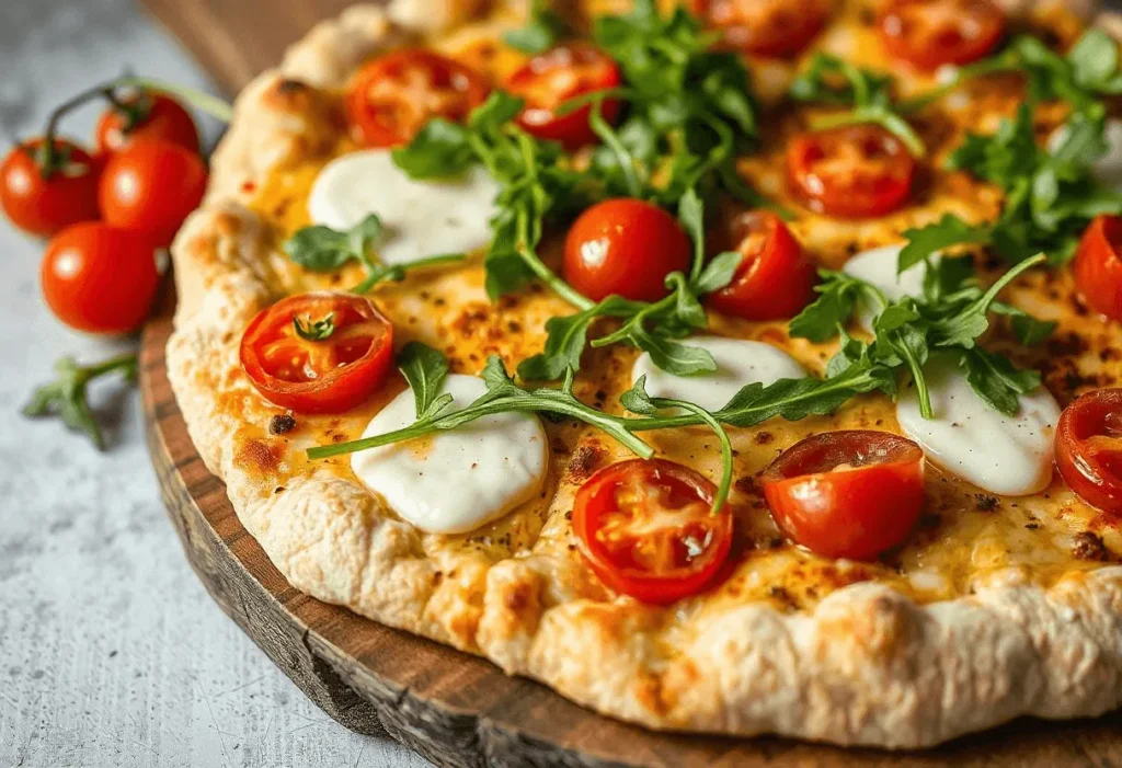 A finished cauliflower crust pizza topped with arugula and tomatoes.