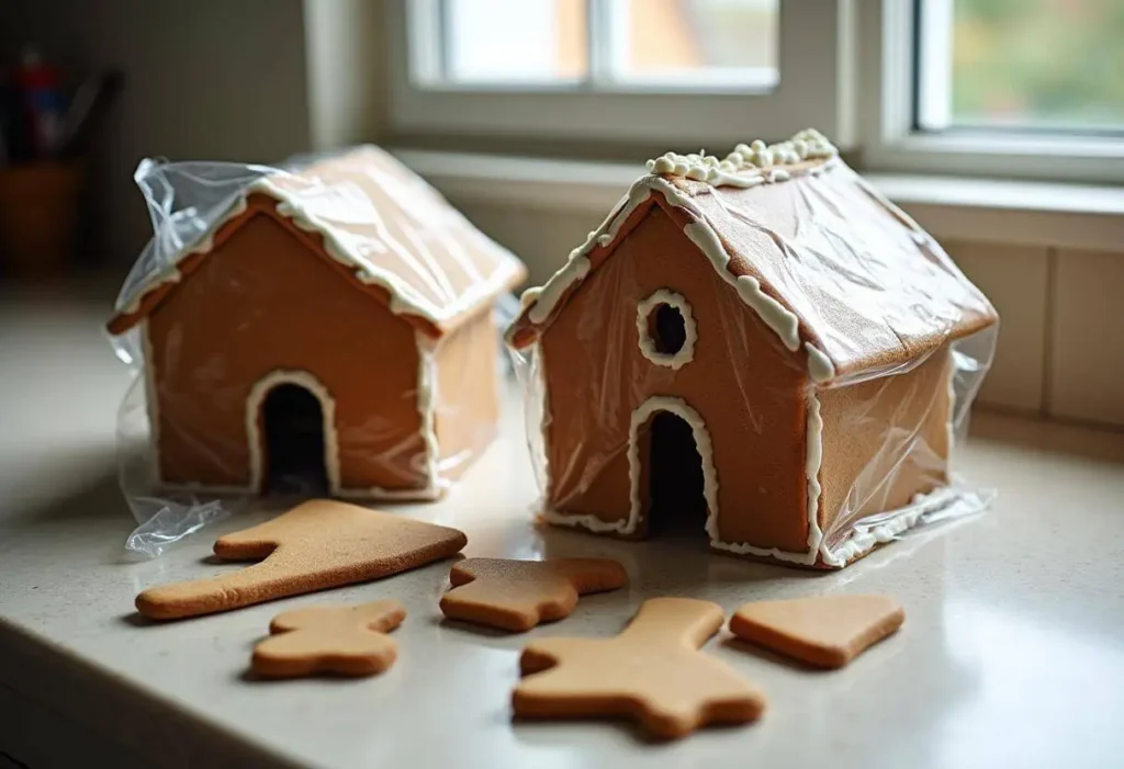 Disassembled gingerbread house pieces wrapped in plastic for freezing.