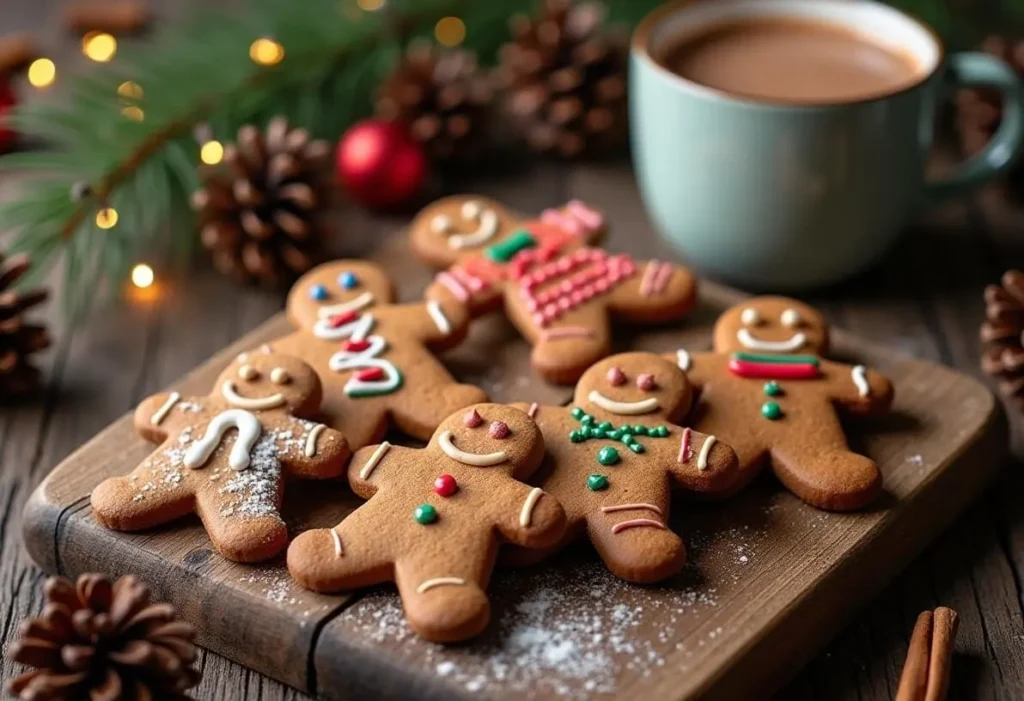 Festive cookies with icing and holiday decorations.