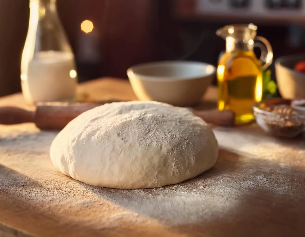 Freshly kneaded pizza dough on a wooden surface surrounded by olive oil and baking tools.